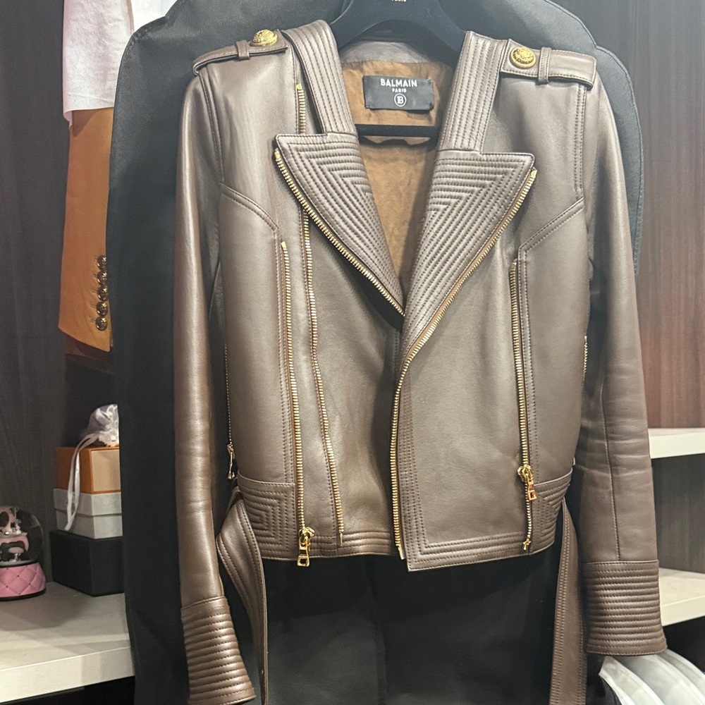 Balmain Brown Leather Bomber Jacket with Gold Accents